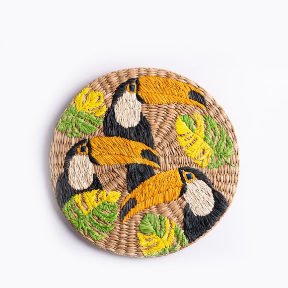 Natural Handmade Rattan Tropical Embroidered Placemat, 13 in diameter - Picture 3 of 4
